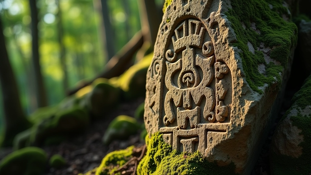 Piedra tallada con símbolos y figuras ceremoniales en el bosque de Tibes