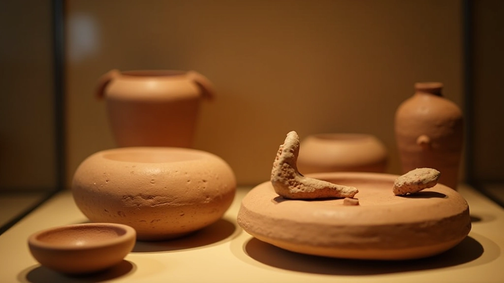 Artefactos de cerámica taína y herramientas antiguas exhibidas en museo, objetos históricos bien preservados
