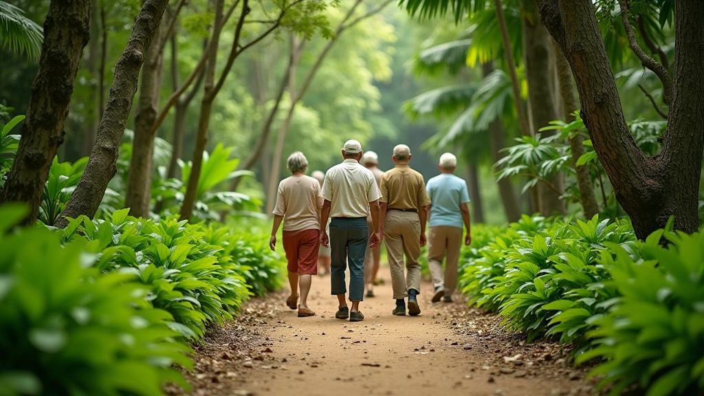 Grupo de jubilados caminando por el sendero del bosque ceremonial en Tibes, rodeados de naturaleza tropical