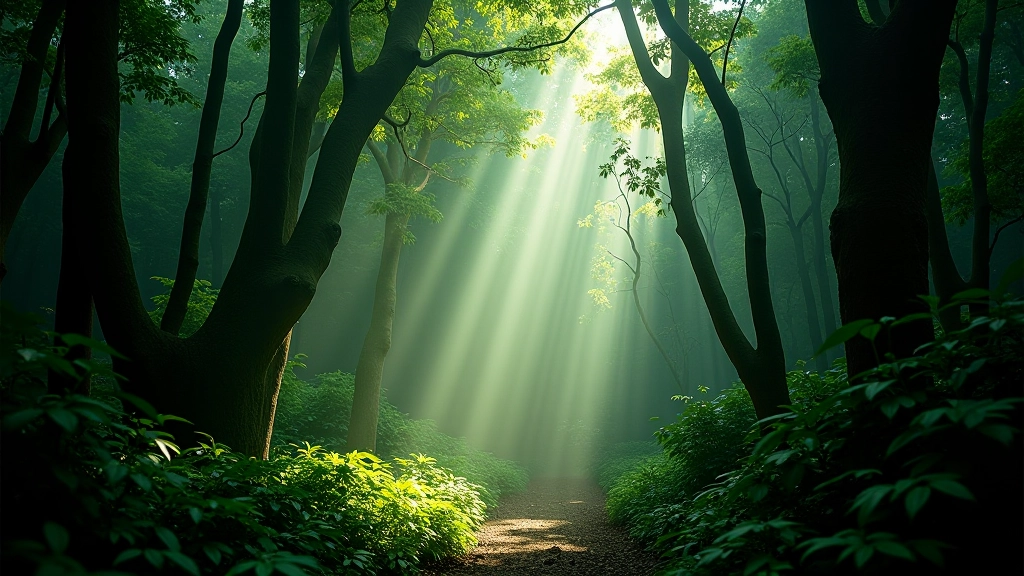 Luz natural entre árboles antiguos en el bosque ceremonial de Tibes
