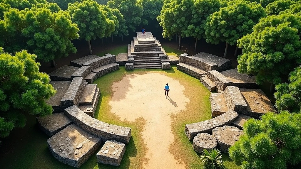 Estructura ceremonial antigua de piedra con plataformas, vista aérea del layout del centro taíno