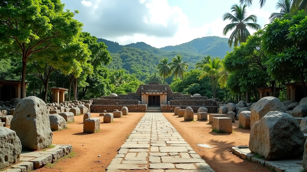 Vista panorámica del Centro Ceremonial de Tibes mostrando la disposición de piedras y vegetación tropical