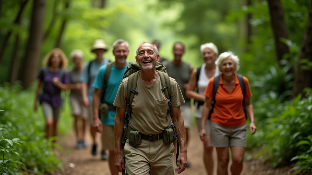 Personas mayores disfrutando de una caminata al aire libre en un bosque tranquilo