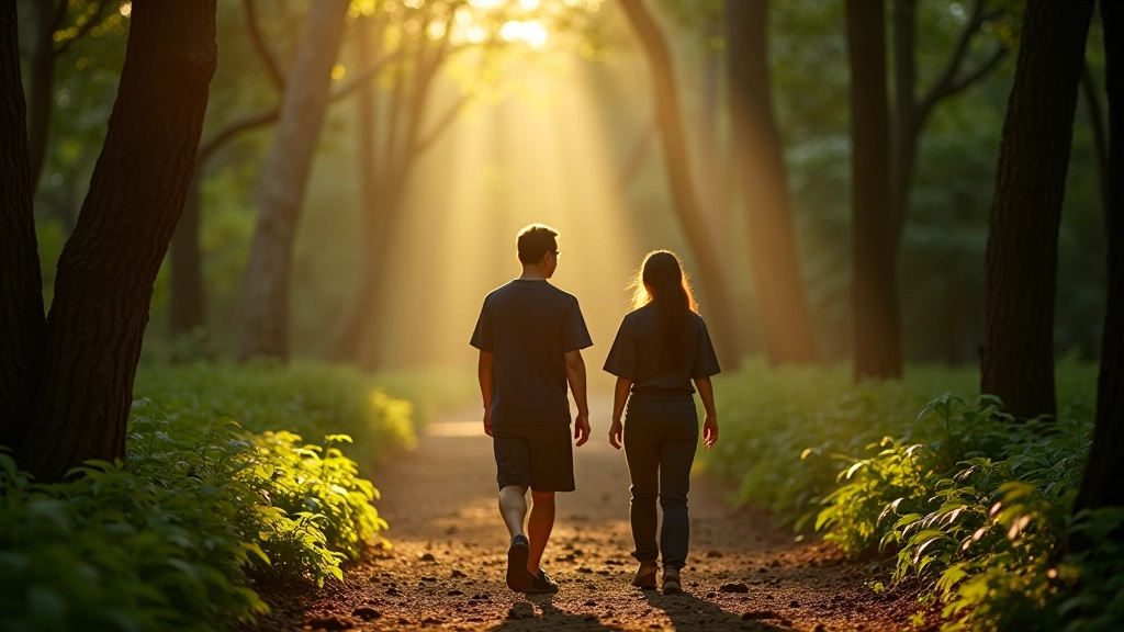 Personas caminando en sendero del bosque con luz solar entre los árboles